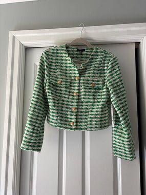 NWT Aqua Green & White Cropped Tweed Blazer with Gold Buttons